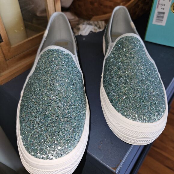 Keds x Kate Spade Sz 11 Light Blue Green Glitter Triple Decker Slip On Shoes NEW - Picture 7 of 7